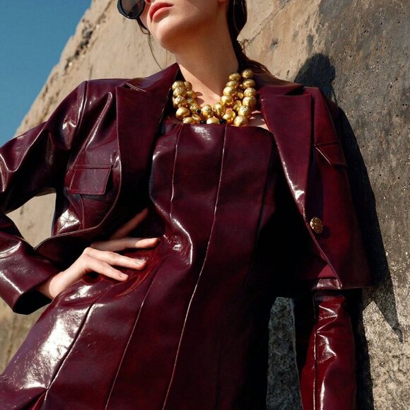 Burgundy Shiny Pu faux Leather Patch Mesh Splicing dress w/Jacket set - Picture 3 of 7